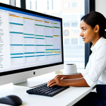 A focused professional, a woman, in a modest business casual outfit, sitting at a sleek, minimalist desk in a bright, modern office. On a large, ultra-wide monitor, a detailed digital Kanban board is displayed, showing tasks clearly moving from 'To Do' to 'In Progress' and 'Completed' columns, with vibrant progress bars filling up for various project stages. Sunlight gently streams through large windows in the background, illuminating the scene. The overall atmosphere conveys clarity, motivation, and successful task management. fully clothed, appropriate attire, safe for work, perfect anatomy, correct proportions, natural pose, well-formed hands, proper finger count, natural body proportions, professional photography, high quality, family-friendly, professional.
