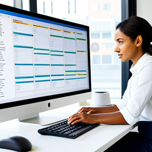 Home 4 A focused professional, a woman, in a modest business casual outfit, sitting at a sleek, minimalist desk in a bright, modern office. On a large, ultra-wide monitor, a detailed digital Kanban board is displayed, showing tasks clearly moving from 'To Do' to 'In Progress' and 'Completed' columns, with vibrant progress bars filling up for various project stages. Sunlight gently streams through large windows in the background, illuminating the scene. The overall atmosphere conveys clarity, motivation, and successful task management. fully clothed, appropriate attire, safe for work, perfect anatomy, correct proportions, natural pose, well-formed hands, proper finger count, natural body proportions, professional photography, high quality, family-friendly, professional.