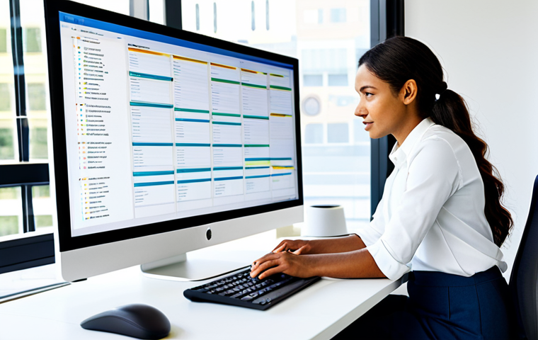 A focused professional, a woman, in a modest business casual outfit, sitting at a sleek, minimalist desk in a bright, modern office. On a large, ultra-wide monitor, a detailed digital Kanban board is displayed, showing tasks clearly moving from 'To Do' to 'In Progress' and 'Completed' columns, with vibrant progress bars filling up for various project stages. Sunlight gently streams through large windows in the background, illuminating the scene. The overall atmosphere conveys clarity, motivation, and successful task management. fully clothed, appropriate attire, safe for work, perfect anatomy, correct proportions, natural pose, well-formed hands, proper finger count, natural body proportions, professional photography, high quality, family-friendly, professional.